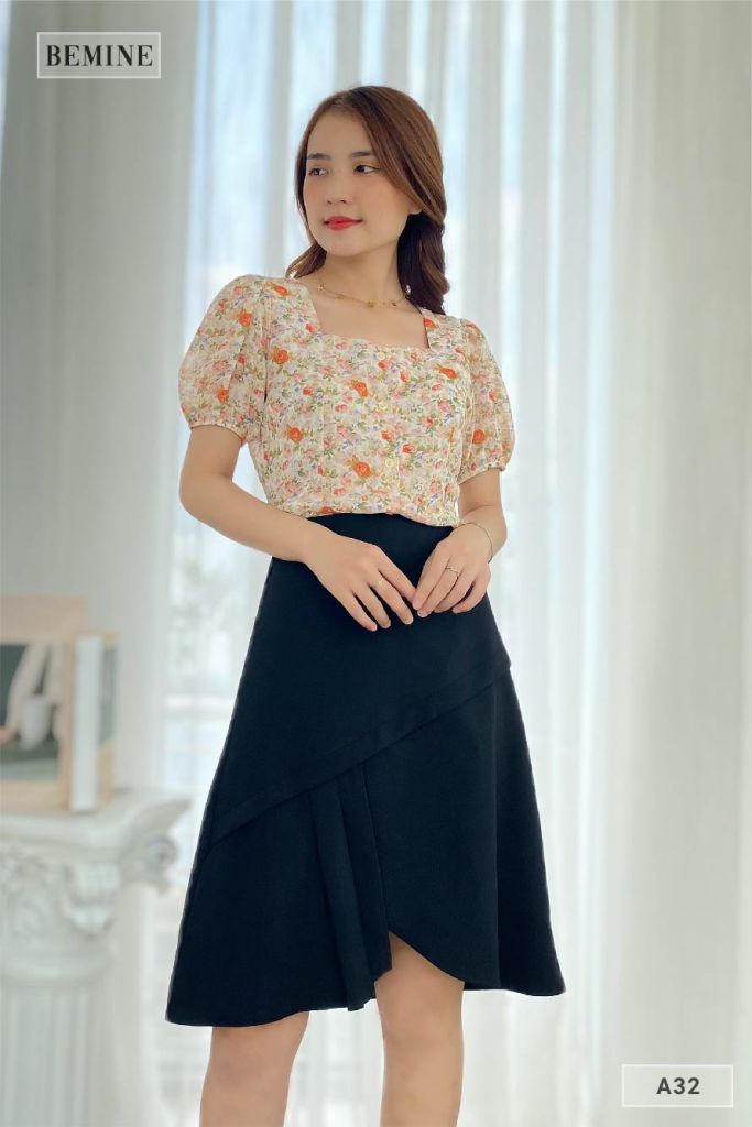 A32HONG - áo bông cổ vuông vạt xòe