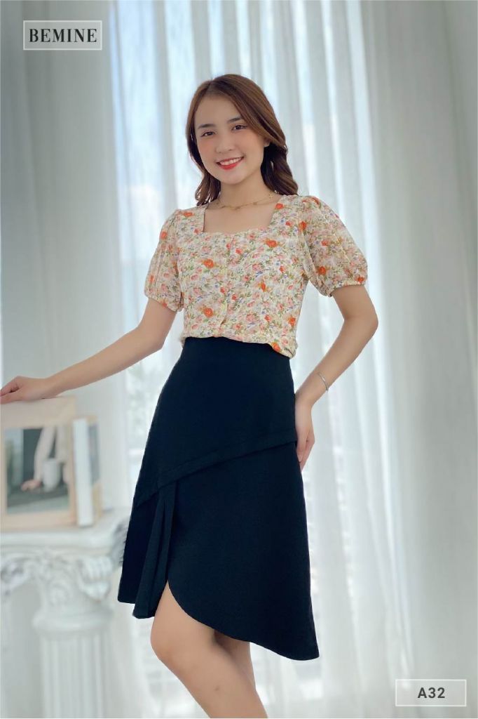 A32HONG - áo bông cổ vuông vạt xòe