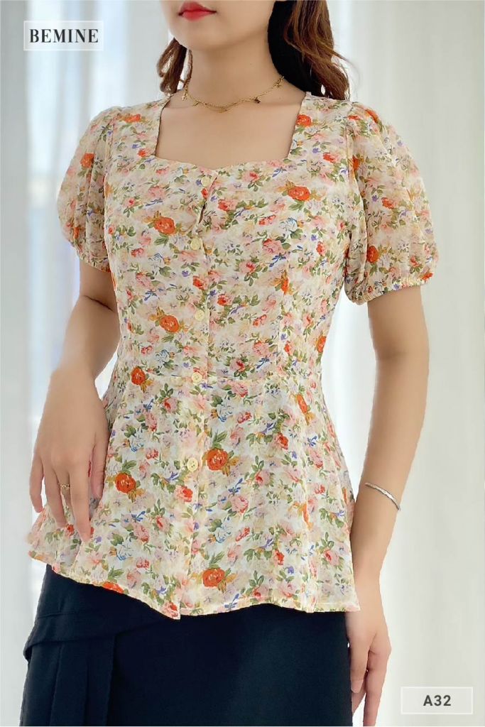 A32HONG - áo bông cổ vuông vạt xòe