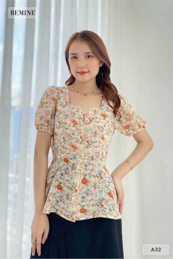 A32HONG - áo bông cổ vuông vạt xòe