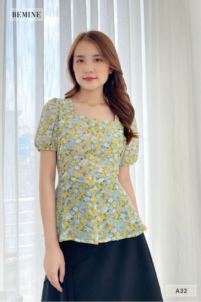 A32XANH - Áo bông cổ vuông vạt xòe