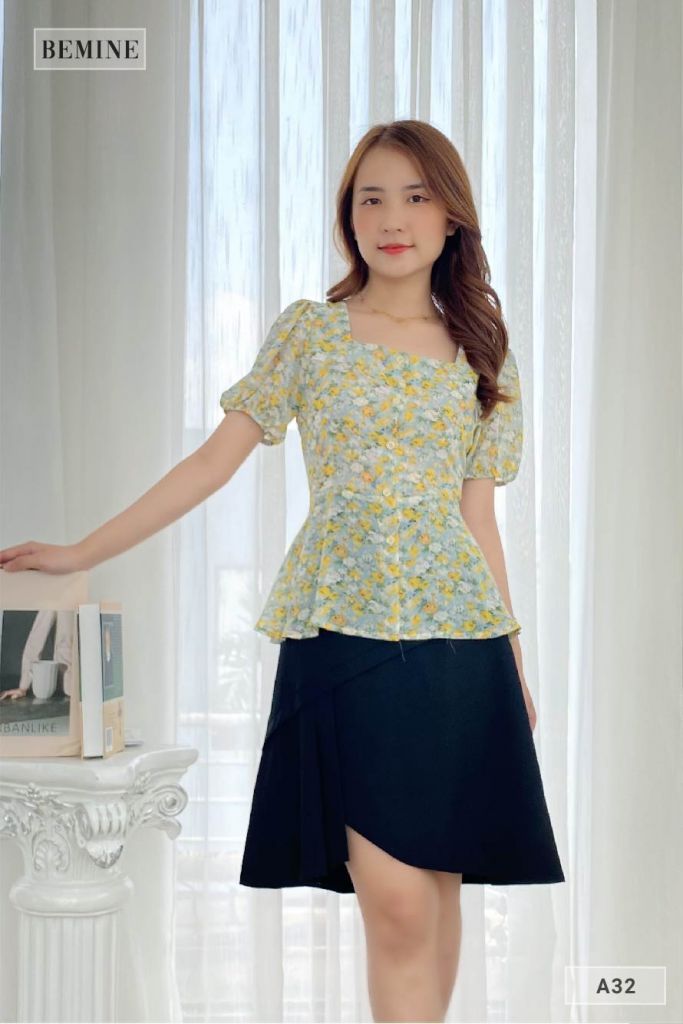 A32XANH - Áo bông cổ vuông vạt xòe
