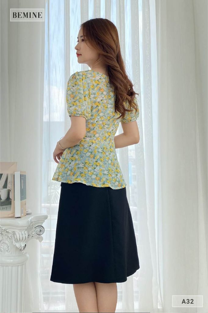 A32XANH - Áo bông cổ vuông vạt xòe