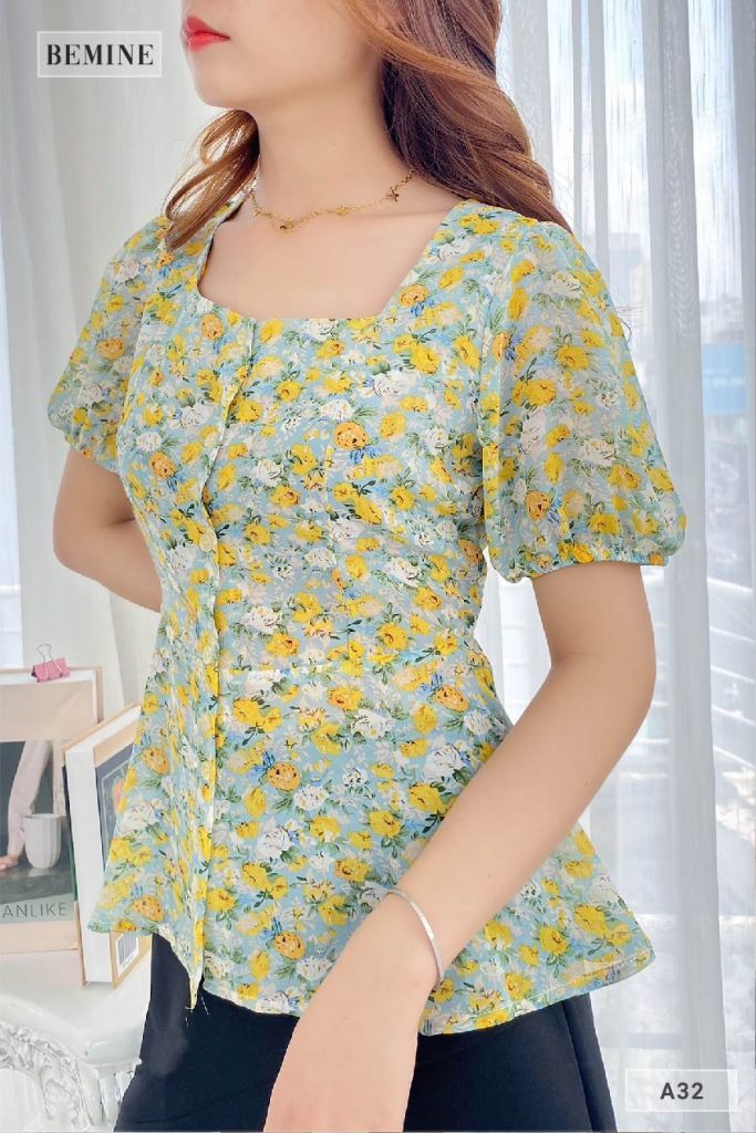A32XANH - Áo bông cổ vuông vạt xòe