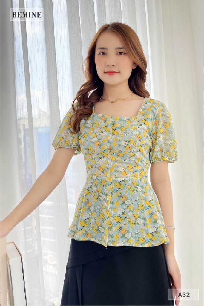 A32XANH - Áo bông cổ vuông vạt xòe