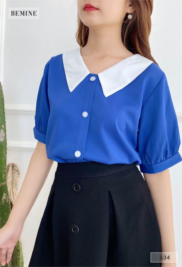 A34XANH - Áo cổ phối trụ nút