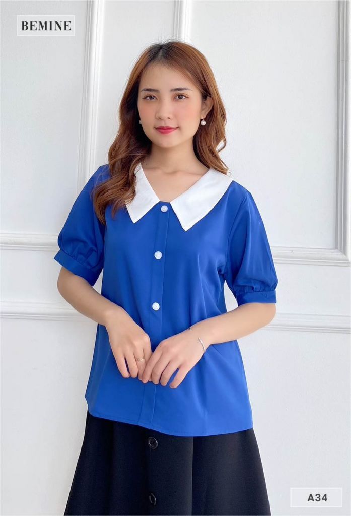 A34XANH - Áo cổ phối trụ nút