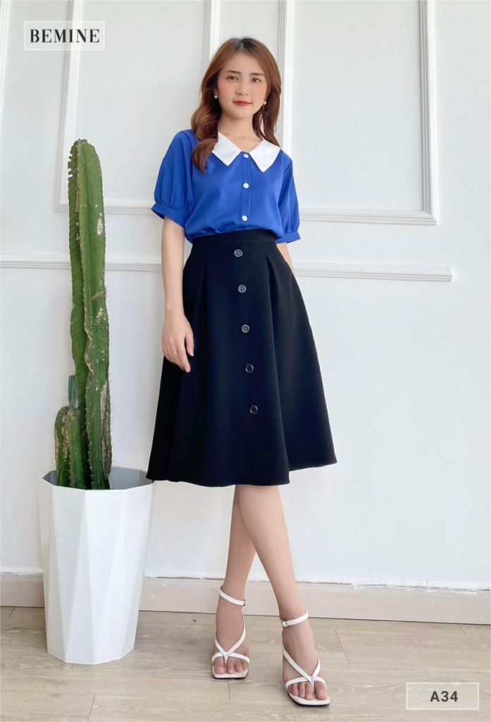 A34XANH - Áo cổ phối trụ nút