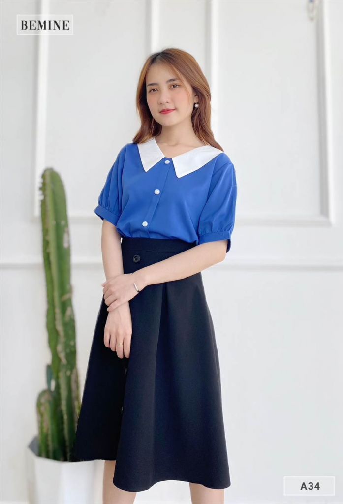 A34XANH - Áo cổ phối trụ nút