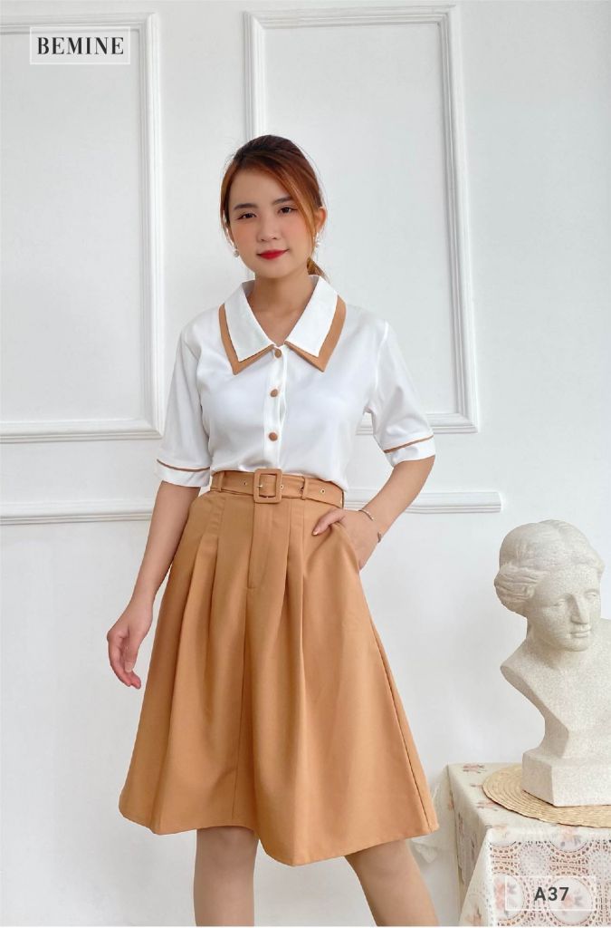 A37TRANGNAU - Áo sơ mi cổ phối tầng