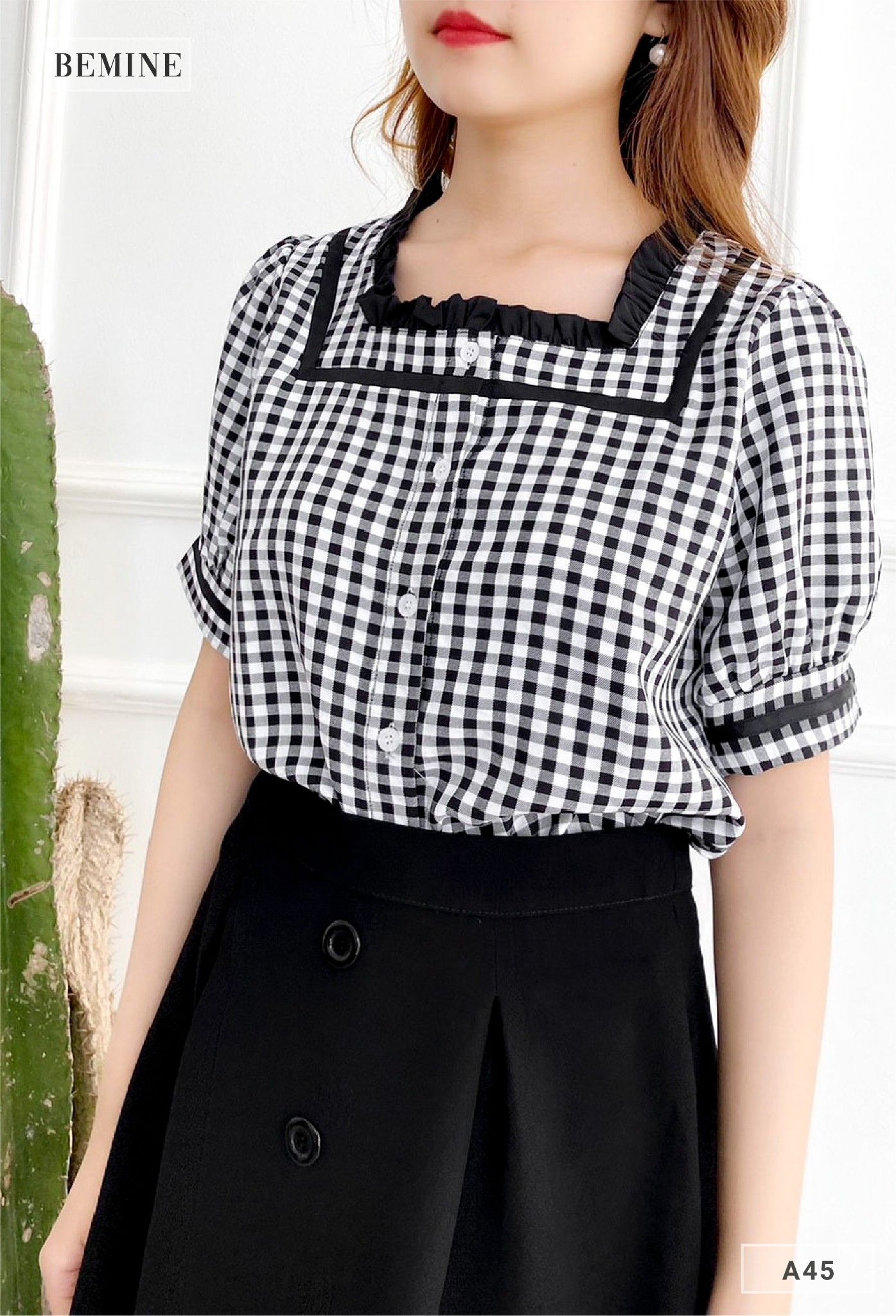 A45ĐEN - Aó caro tay bồng cổ phối