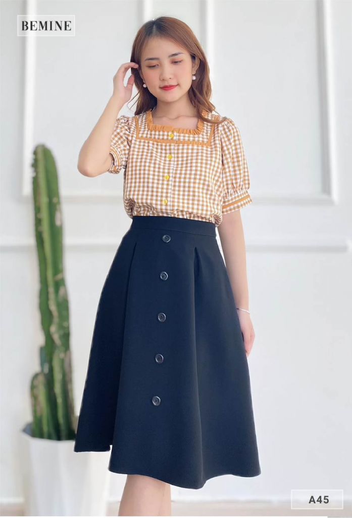 A45VANG - Aó caro tay bồng cổ phối