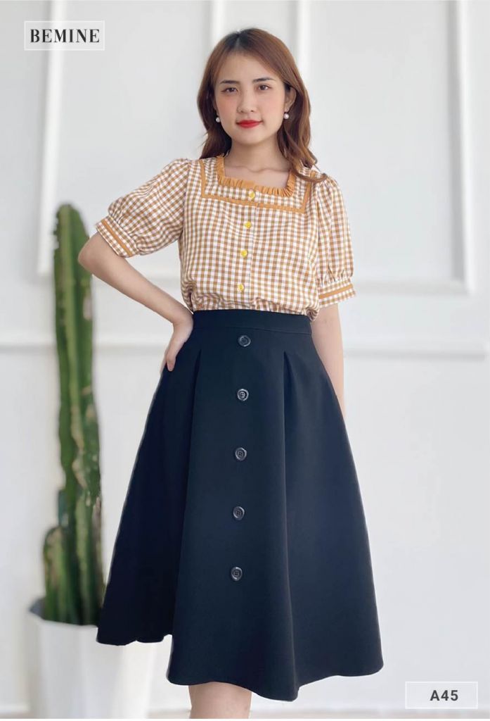 A45VANG - Aó caro tay bồng cổ phối