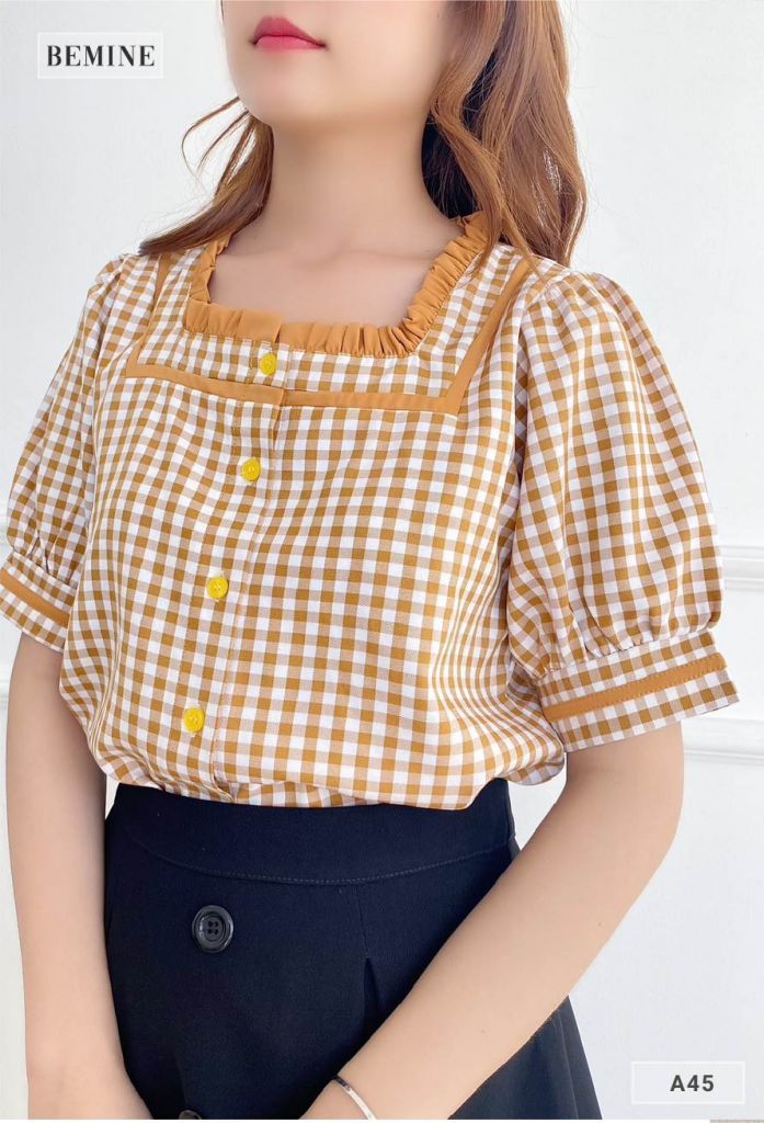 A45VANG - Aó caro tay bồng cổ phối