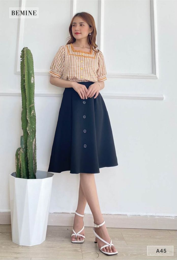 A45VANG - Aó caro tay bồng cổ phối