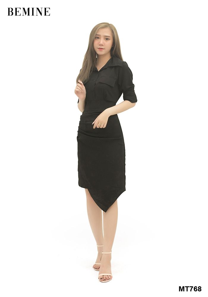MT768DEN - Đầm sơ mi xếp li chéo