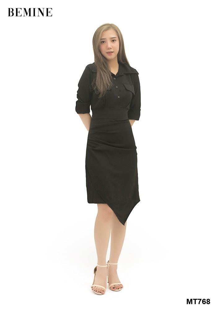 MT768DEN - Đầm sơ mi xếp li chéo