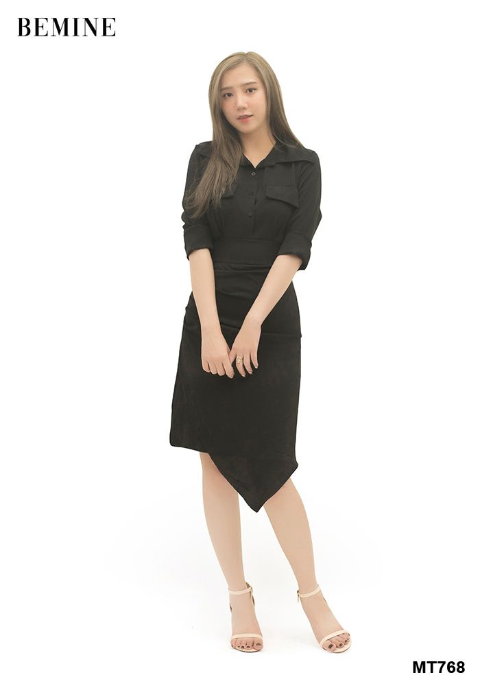 MT768DEN - Đầm sơ mi xếp li chéo