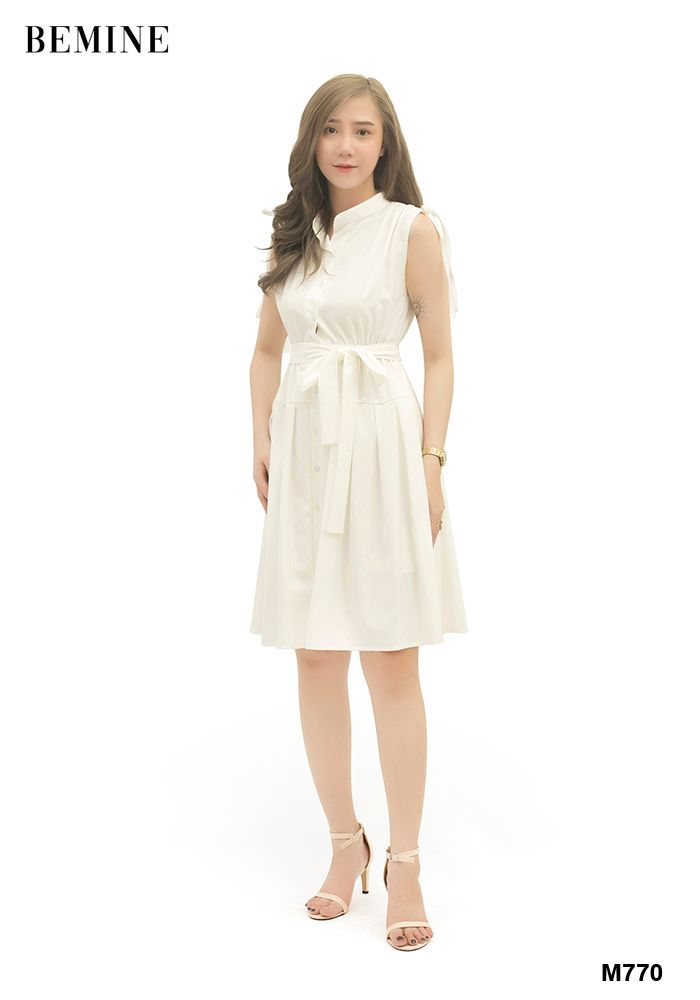M770TRANG - Đầm rút dây vai cột eo