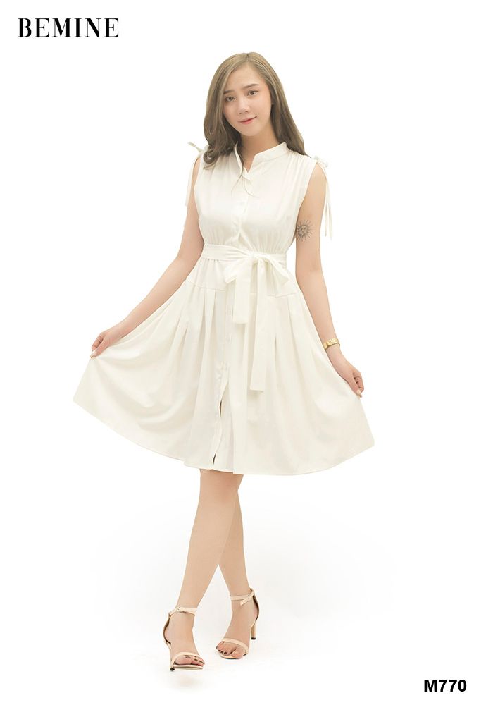 M770TRANG - Đầm rút dây vai cột eo