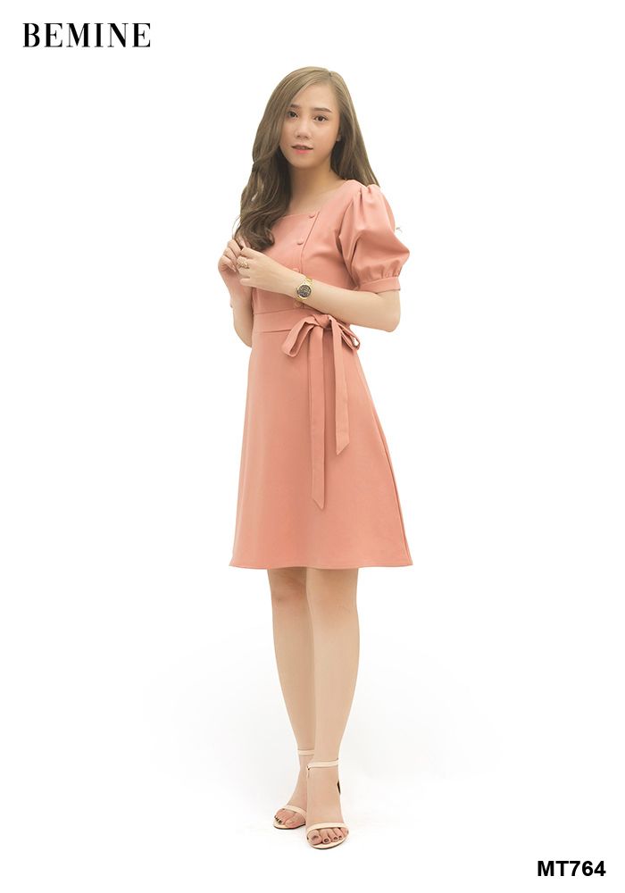 MT764HONG - Đầm hồng 4 nút nơ hông