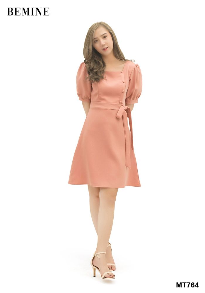 MT764HONG - Đầm hồng 4 nút nơ hông