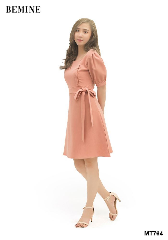 MT764HONG - Đầm hồng 4 nút nơ hông