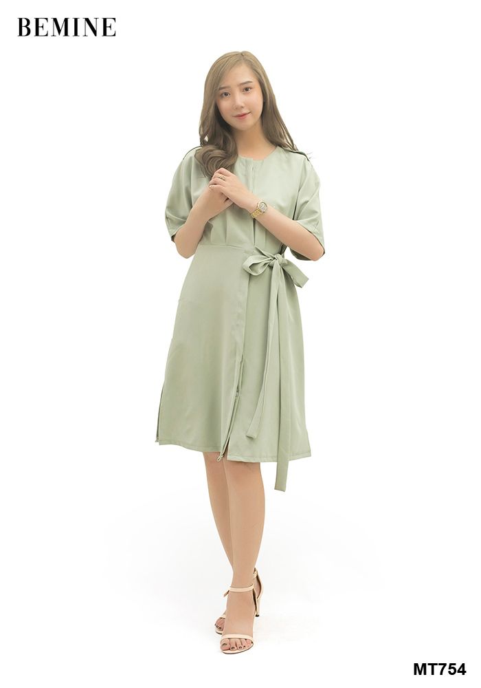 M754XANH - Đầm sm đính nút cột eo cầu vai