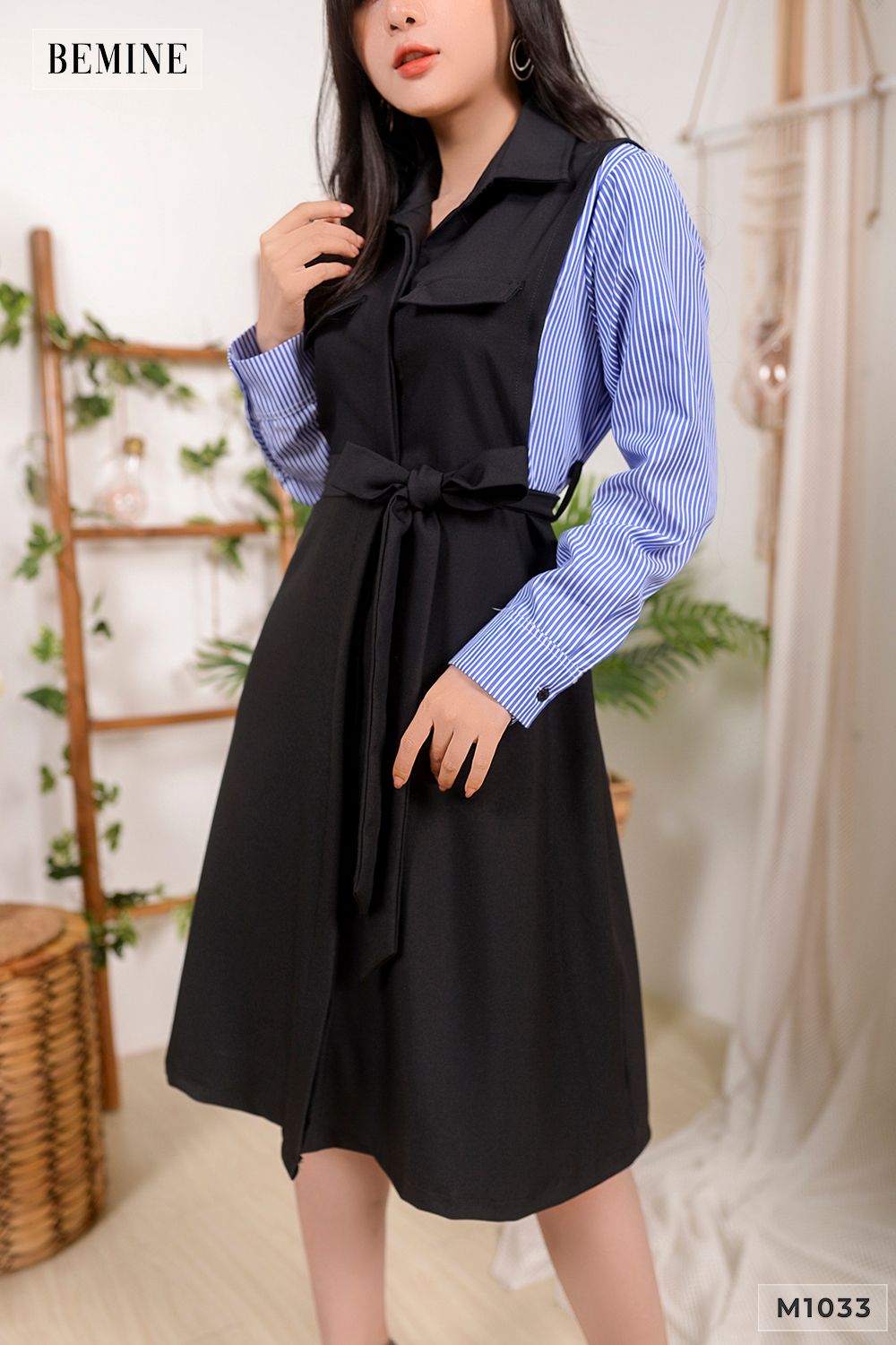 M1033DEN - Đầm sơ mi phối tay