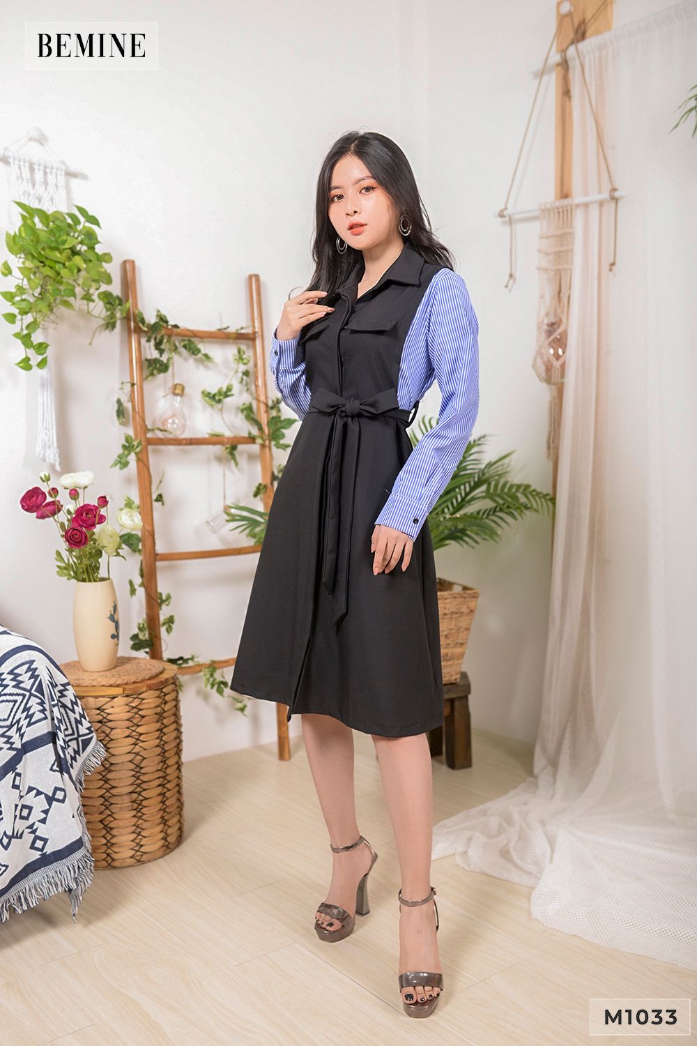 M1033DEN - Đầm sơ mi phối tay