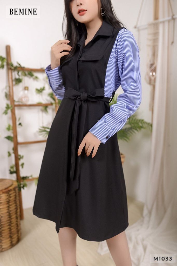 M1033DEN - Đầm sơ mi phối tay