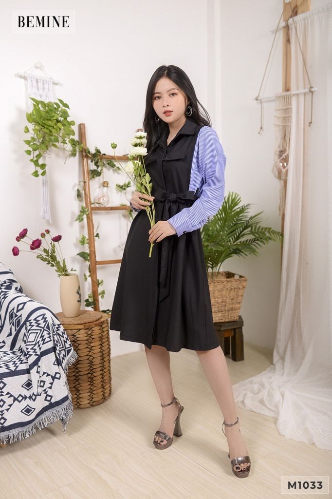 M1033DEN - Đầm sơ mi phối tay