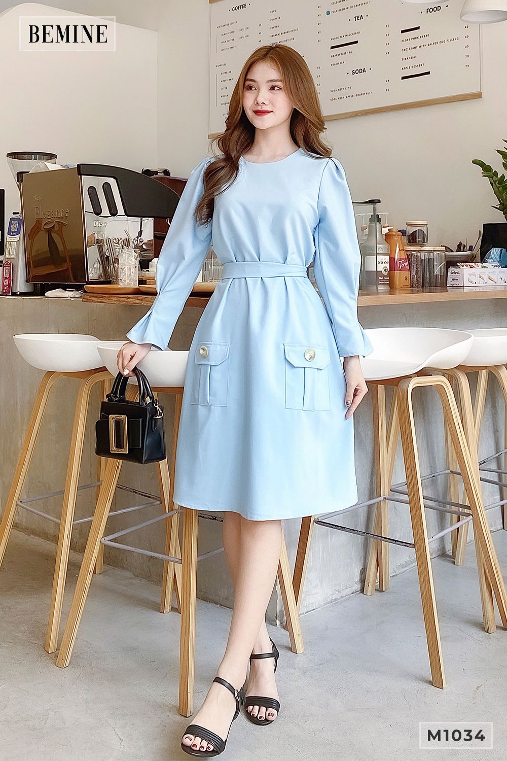 M1034XANH - Đầm suông 2 nút túi
