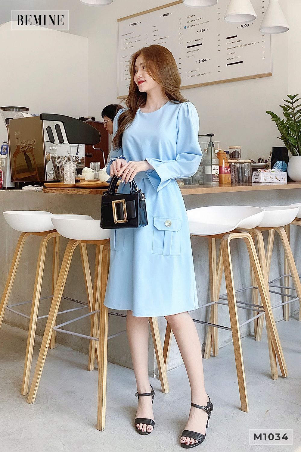M1034XANH - Đầm suông 2 nút túi