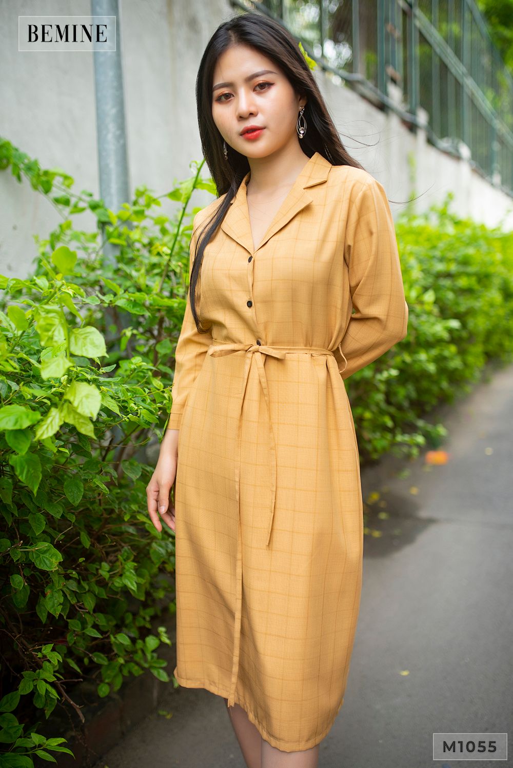 M1055NUDE - Đầm caro cột dây eo