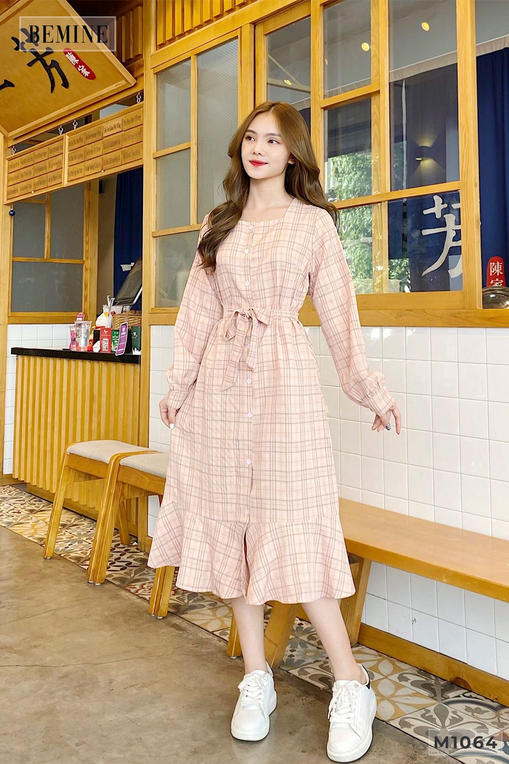 M1064HONG - Đầm đuôi cá tay dài