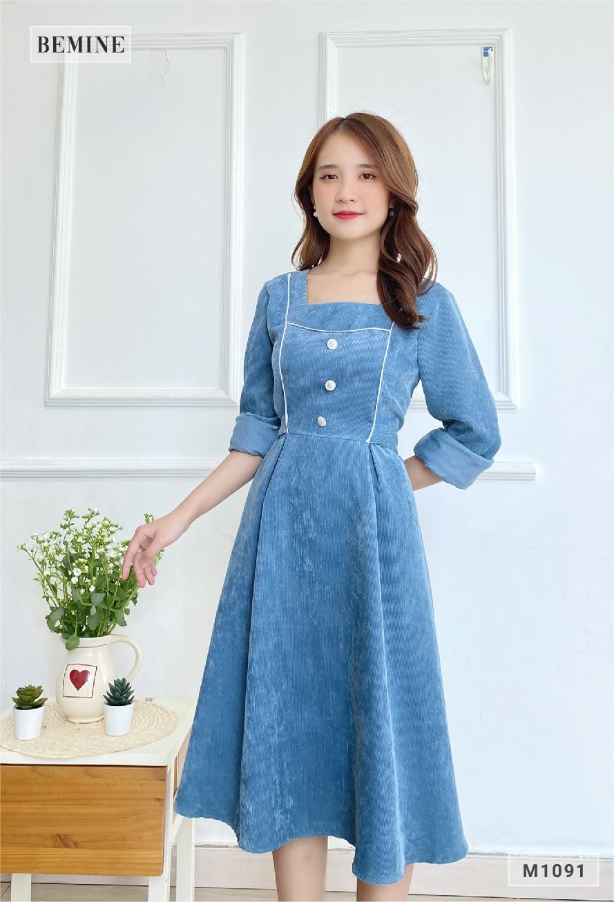 M1091XANH - Đầm nhung phối viền