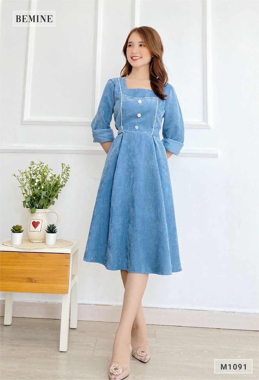 M1091XANH - Đầm nhung phối viền
