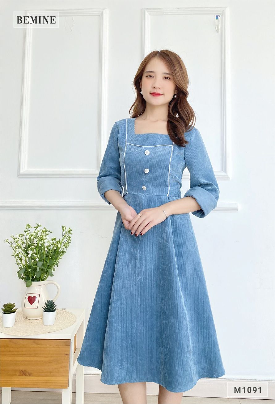 M1091XANH - Đầm nhung phối viền