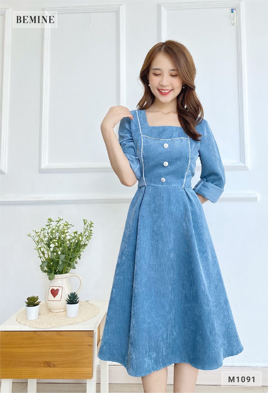 M1091XANH - Đầm nhung phối viền