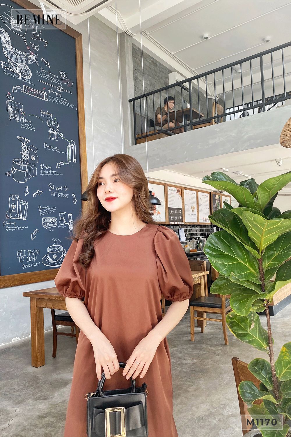 M1170NAU - Đầm suông cổ tròn tay nhún phồng
