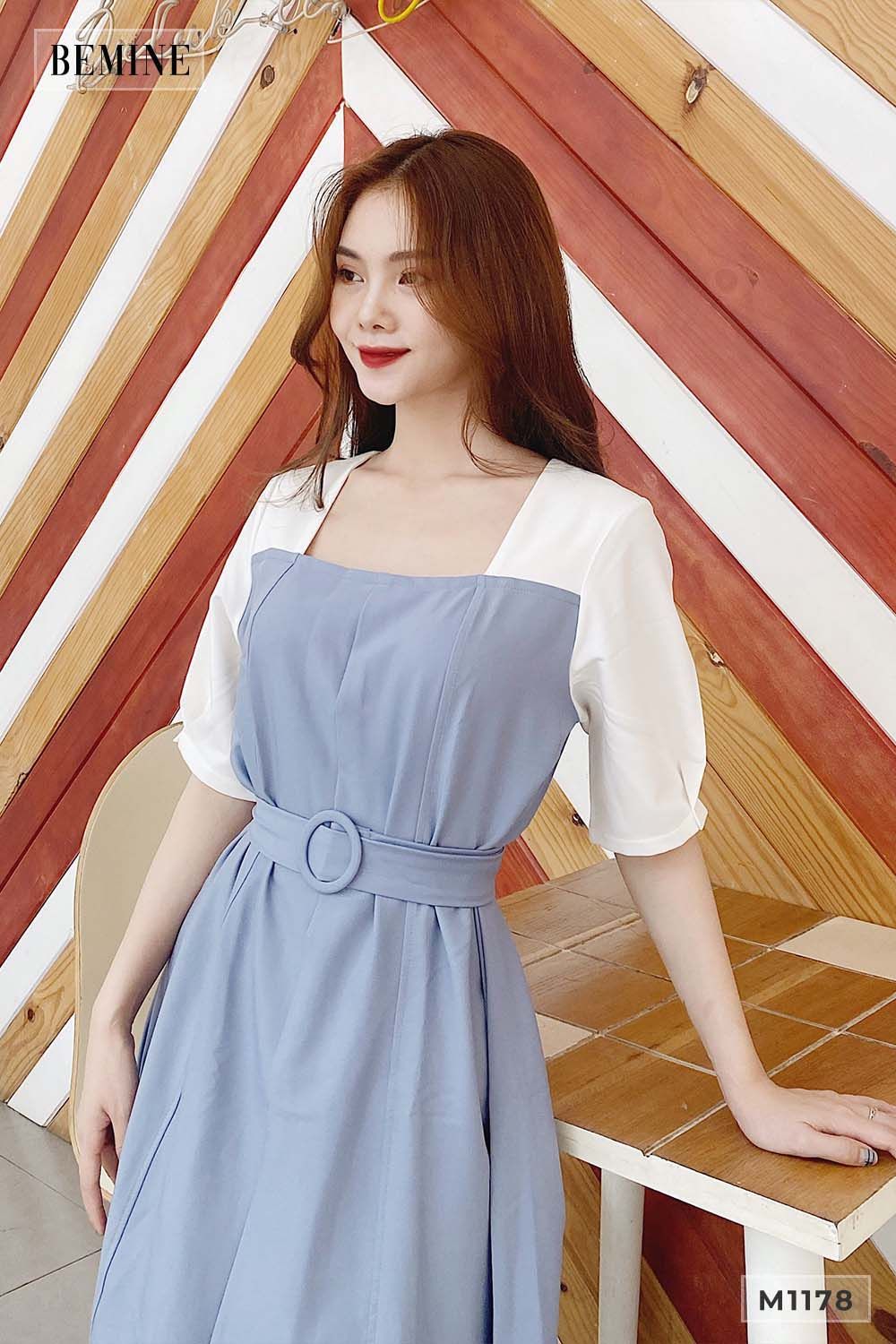 M1178XANH - Đầm phối trắng bọc nịch