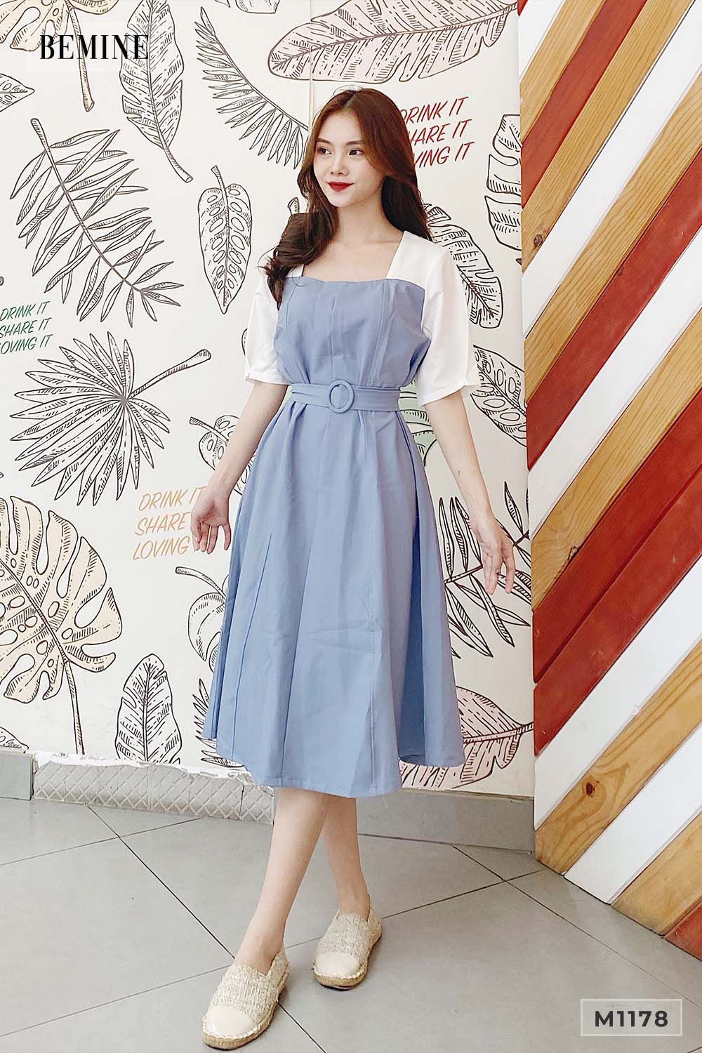 M1178XANH - Đầm phối trắng bọc nịch