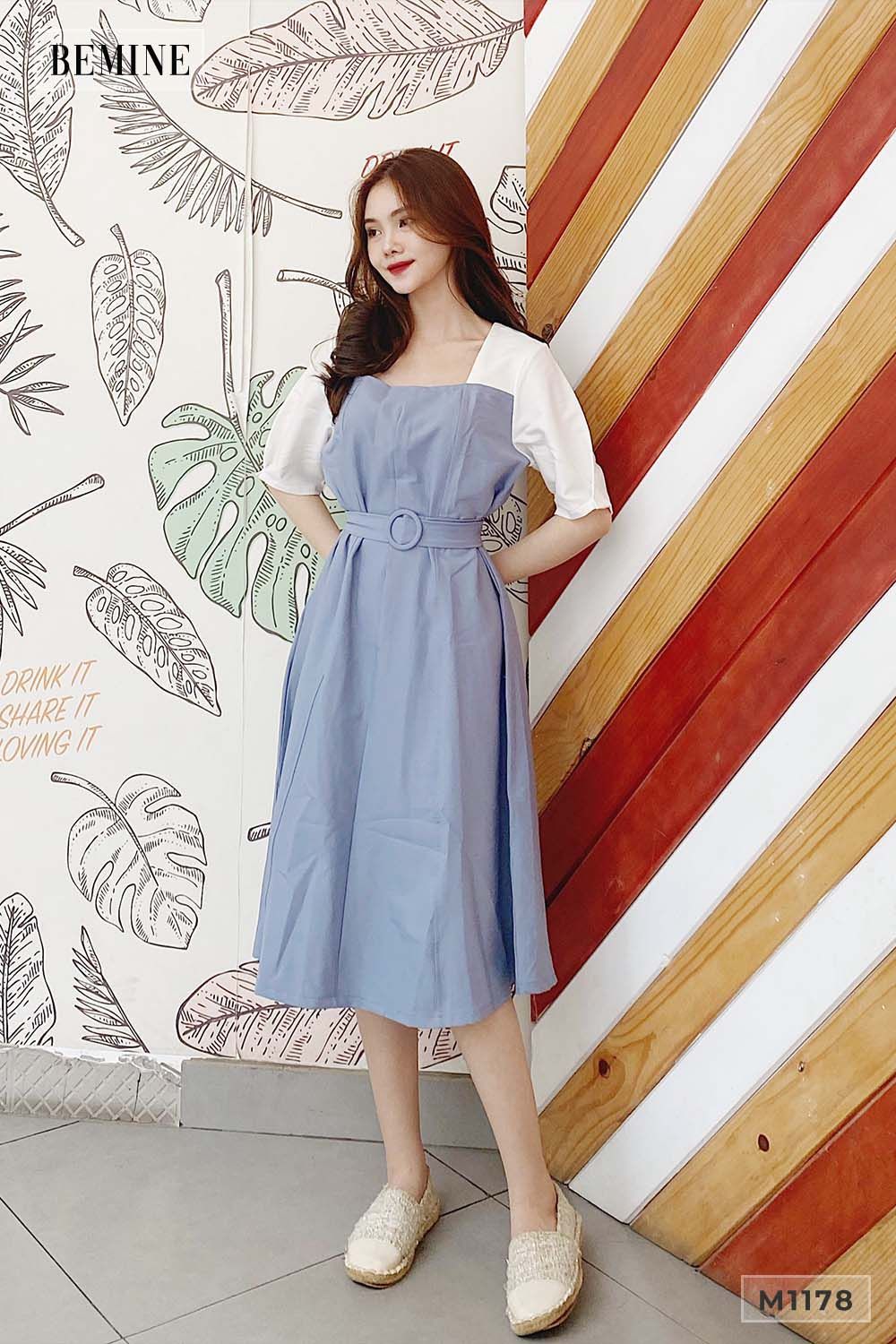 M1178XANH - Đầm phối trắng bọc nịch