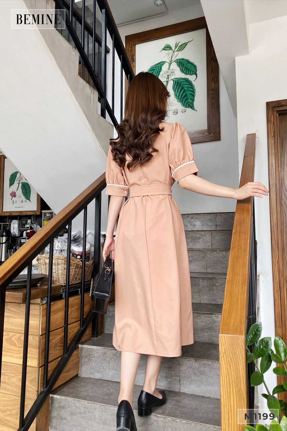 M1199NUDE - Đầm suông viền trắng cột dây eo