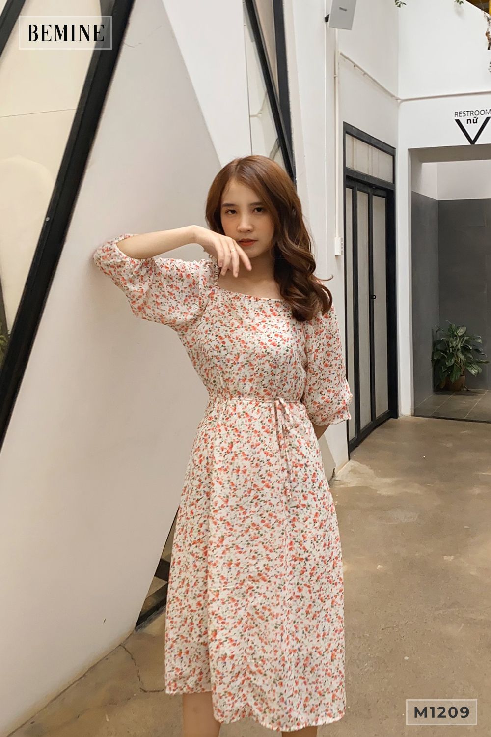M1209TRANG - Đầm bông đỏ chun tay