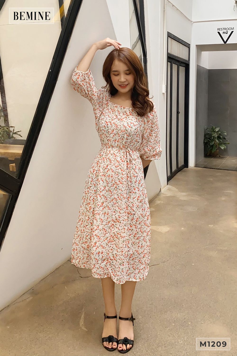 M1209TRANG - Đầm bông đỏ chun tay