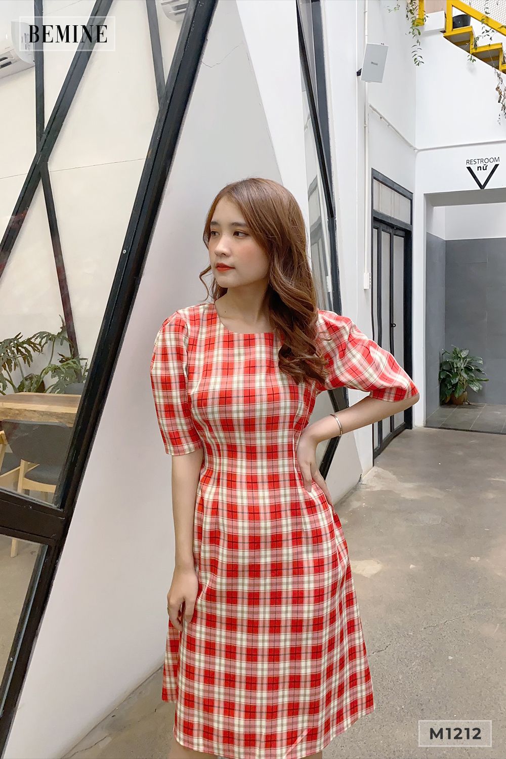 M1212DO - Đầm caro suông dây eo