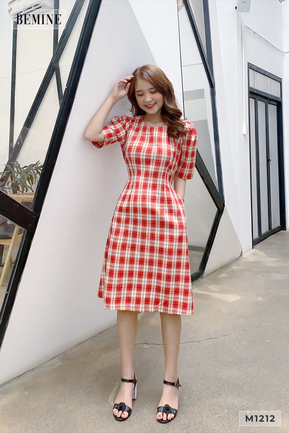 M1212DO - Đầm caro suông dây eo