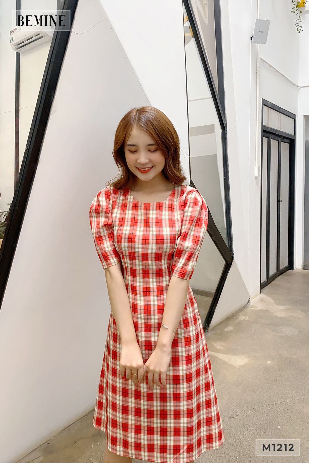 M1212DO - Đầm caro suông dây eo